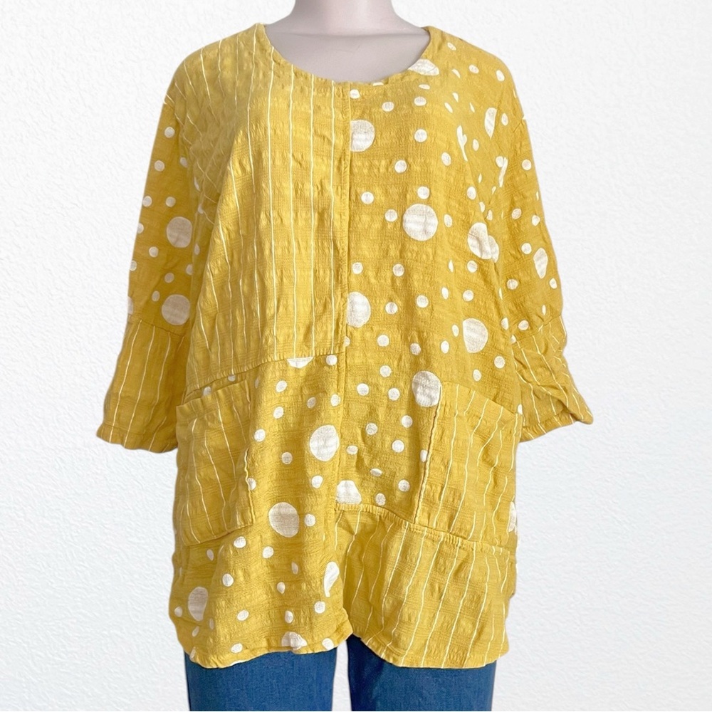 Whimsical CottageoNew Helen’s Heart 100% Linen Tunic Sunny Yellow + White SZ L